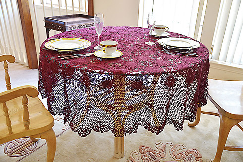 Festive Crochet Round Tablecloth. Rhododendron color. 70"RD